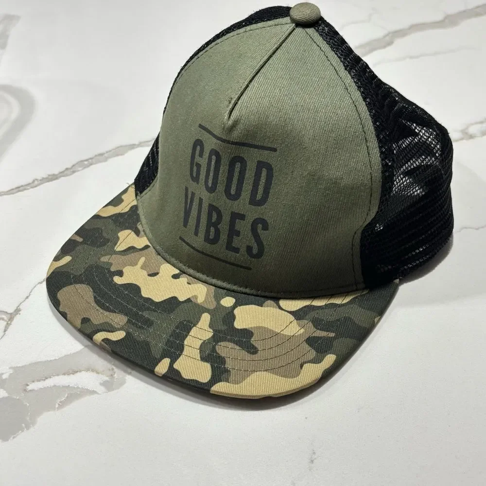 Unisex Green & Black Camo “Good Vibes” Snapback Hat – Kids Size